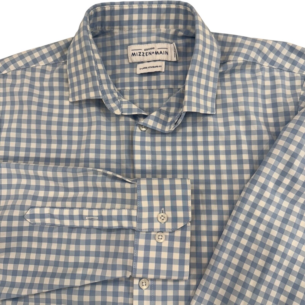 Mizzen‎ Main Leeward Shirt Mens XL Blue Gingham Performance Stretch Wrinkle Free